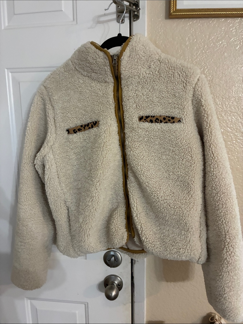 Thread & Supply Cream Sherpa Jacket with Leopard Trim